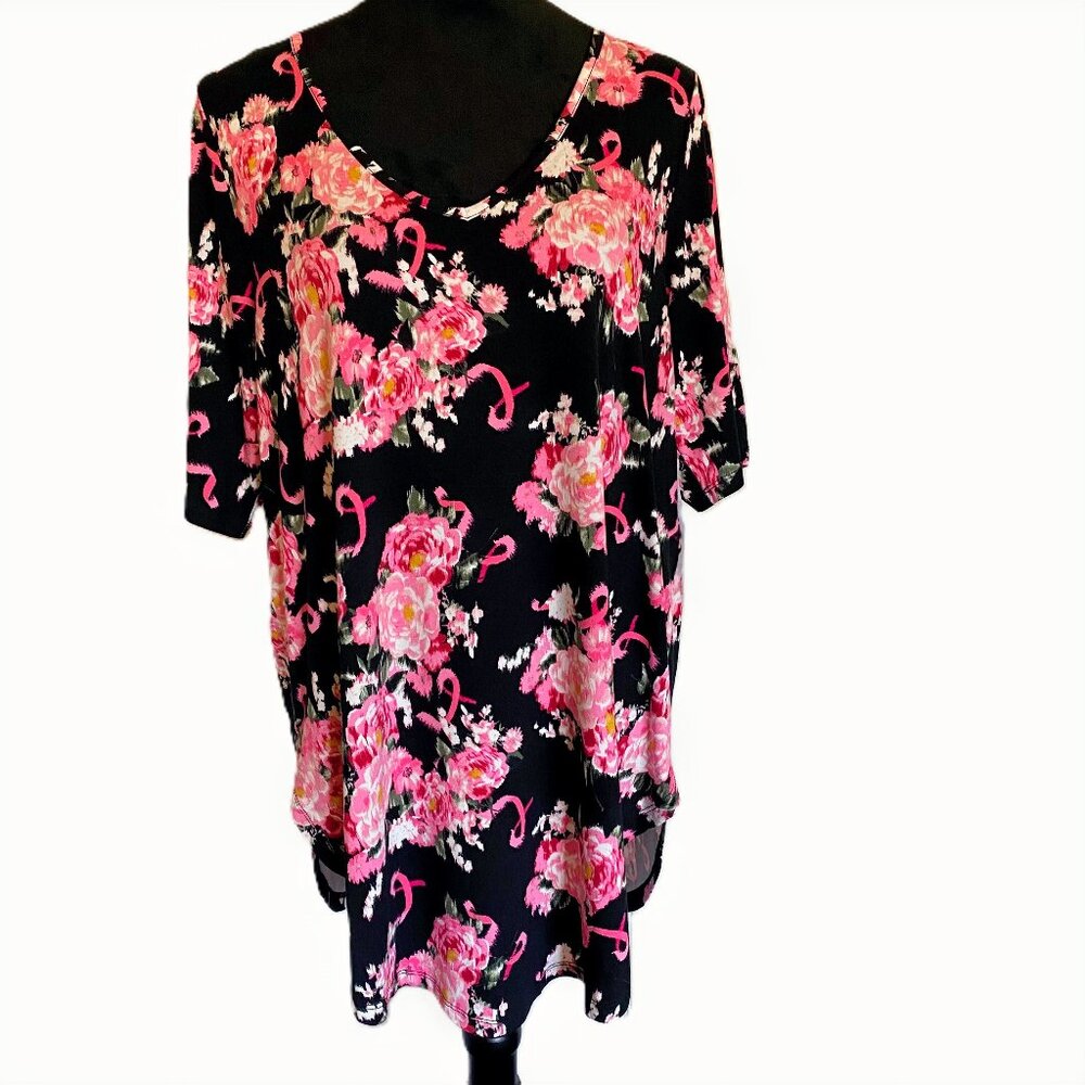Torrid Black Tunic with Pink Ribbon & Florals Breast Cancer Awareness Size 2X